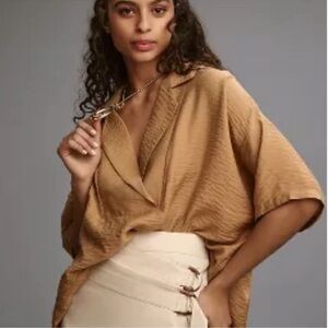 Anthropologie Tan Dolman Sleeve Blouse with Notched Collar